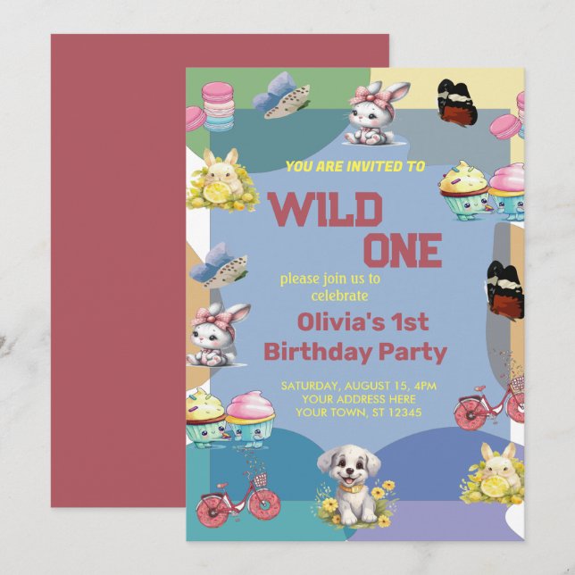 Invitation Wild One mignon Animaux 1er anniversaire (Devant / Derrière)