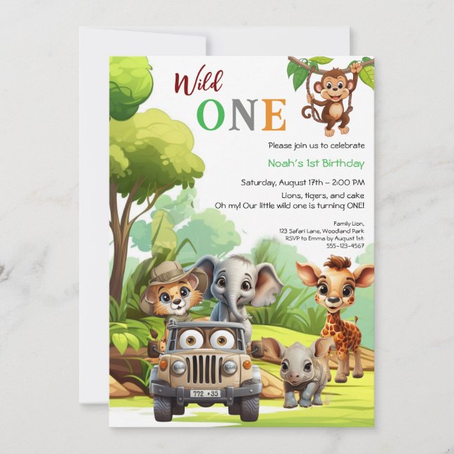 Invitation Wild One mignonne Jungle Animal 1er anniversaire d (Devant)