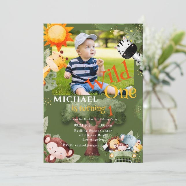 Invitation Wild One Photo Safari Animaux Anniversaire (Debout devant)