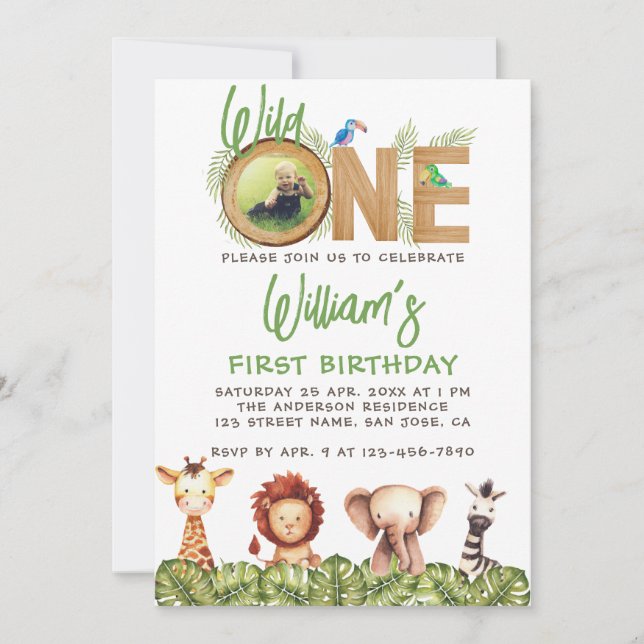 Invitation Wild One Photo Safari Animaux Bois 1er Anniversair (Devant)