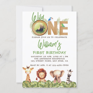 Invitation Wild One Photo Safari Animaux Bois 1er Anniversair