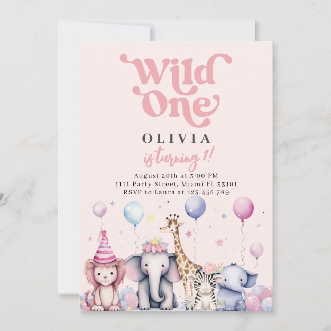 Invitation Wild One Pink Jungle Safari Animaux Fille Annivers (Devant)