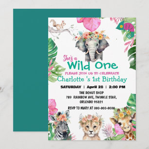 Invitation Wild One Pink Safari jungle 1er Animaux Anniversai