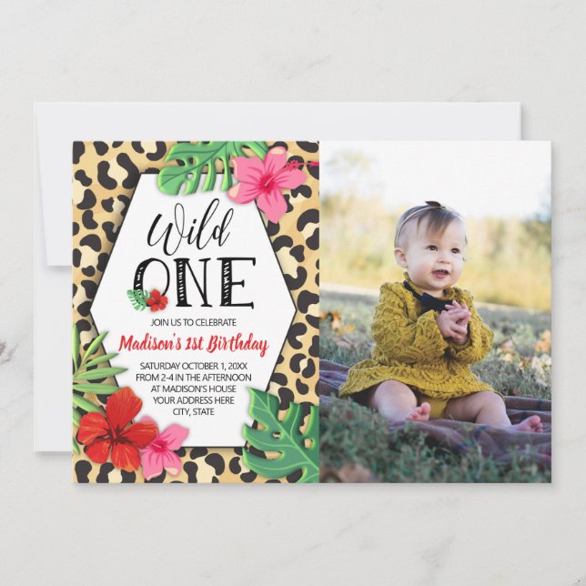Invitation Wild One Poster de animal Girls First Birthday Pho (Devant)