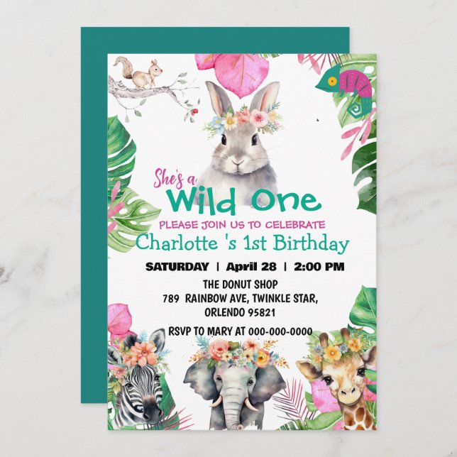 Invitation Wild One Rabbit Safari jungle 1er Animaux Annivers (Devant / Derrière)
