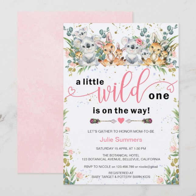 Invitation Wild One rose Safari Baby shower fille (Devant / Derrière)