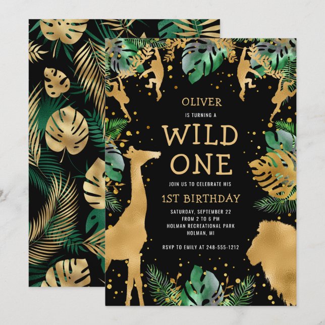 Invitation Wild One Safari 1er anniversaire Black Green Gold (Devant / Derrière)