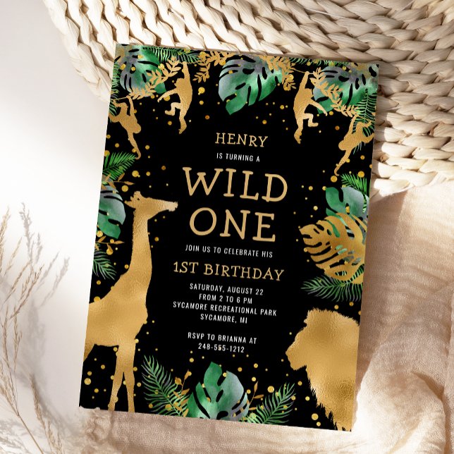 Invitation Wild One Safari 1er anniversaire Black Green Gold (Créateur téléchargé)