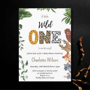 Invitation Wild One Safari animal baby shower de verdure