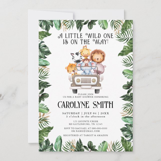 Invitation Wild One Safari Animal Tropical Jungle Baby shower (Devant)