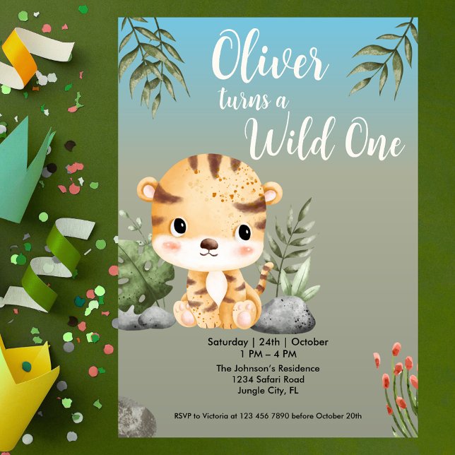 Invitation Wild One Safari Animals Cute Tiger 1st Birthday (Créateur téléchargé)