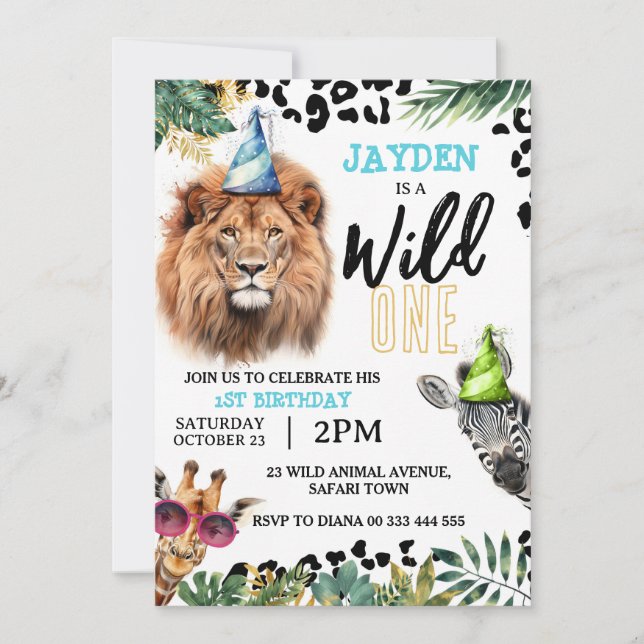 Invitation Wild One Safari Animaux 1er anniversaire (Devant)