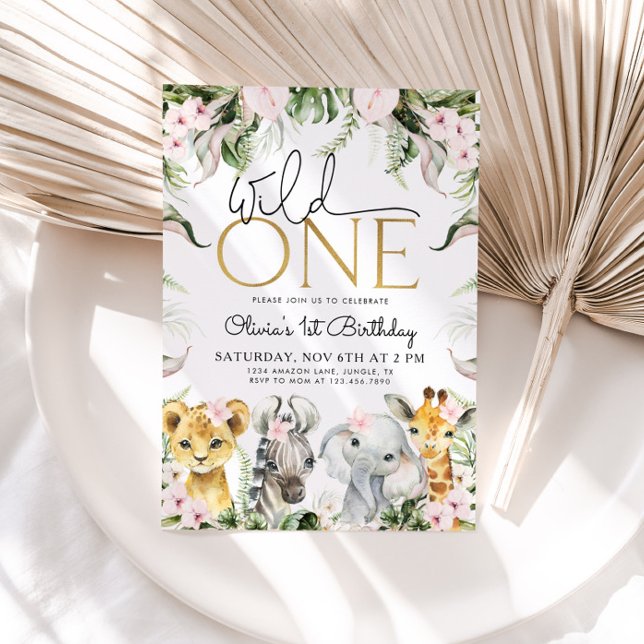 Invitation Wild One Safari Animaux 1er anniversaire fille Inv (Créateur téléchargé)