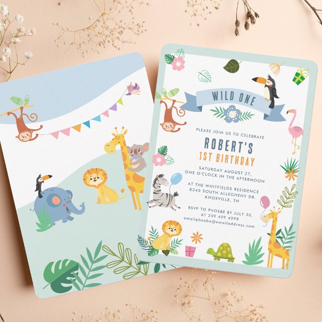 Invitation Wild One Safari Animaux 1er anniversaire Jungle Pa (Wild One Safari Animals 1st Birthday Jungle Party Invitation)