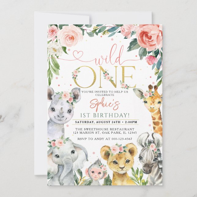 Invitation Wild One Safari Animaux Anniversaire (Devant)