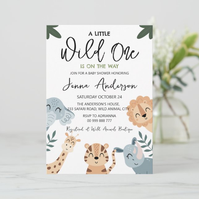 Invitation Wild One Safari Animaux Baby shower garçon (Debout devant)