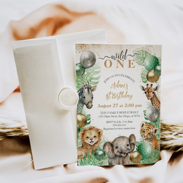 Invitation Wild One Safari animaux Balloon Baby 1er anniversa (Créateur téléchargé)