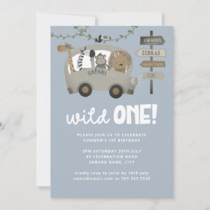 Invitation Wild One Safari Animaux Blue Boy 1er anniversaire 