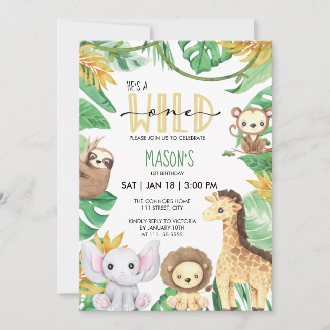 Invitation Wild One Safari Animaux Fête Jungle Anniversaire (Devant)
