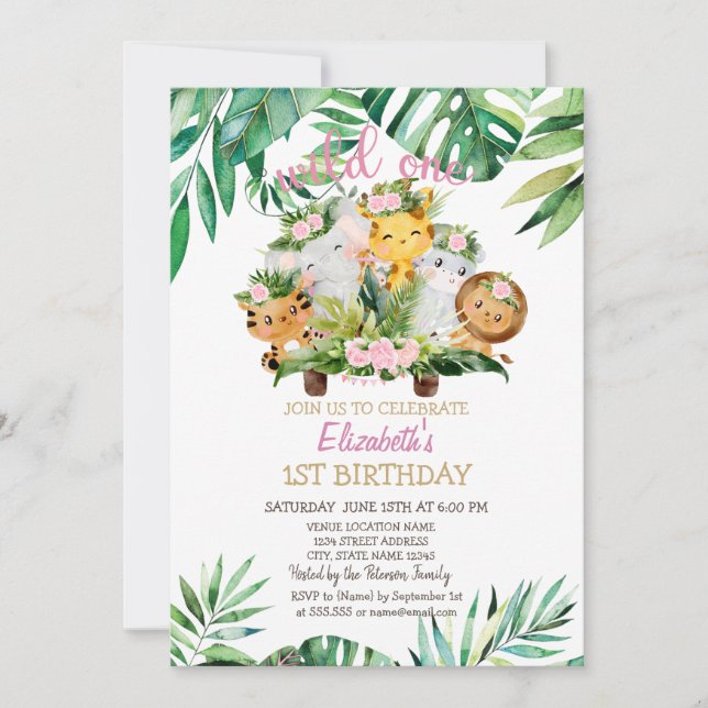 Invitation Wild One Safari Animaux, Feuille 1er anniversaire (Devant)