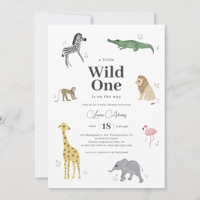 Invitation Wild One Safari Animaux Fille Baby shower (Devant)