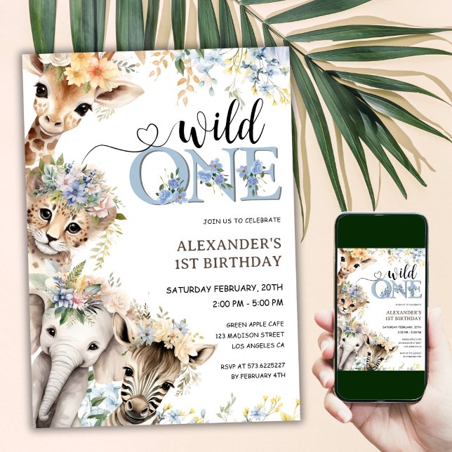 Invitation Wild One Safari Animaux Garçon 1er anniversaire (Créateur téléchargé)