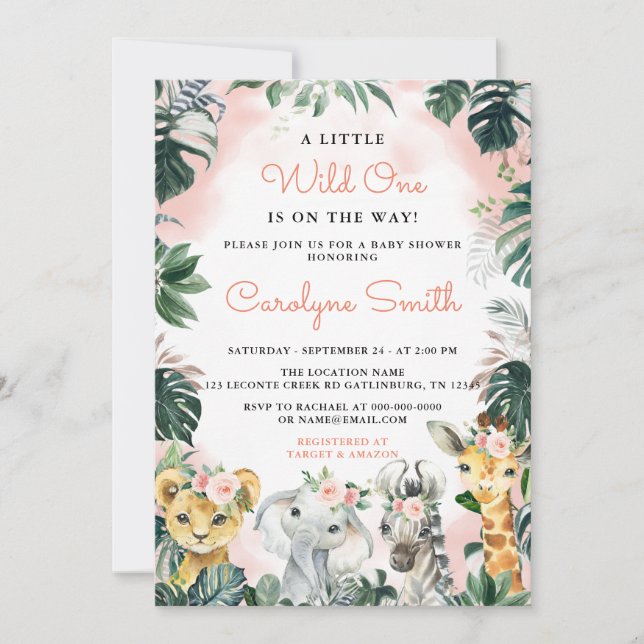 Invitation Wild One Safari Animaux Girl Baby shower Invitatia (Devant)
