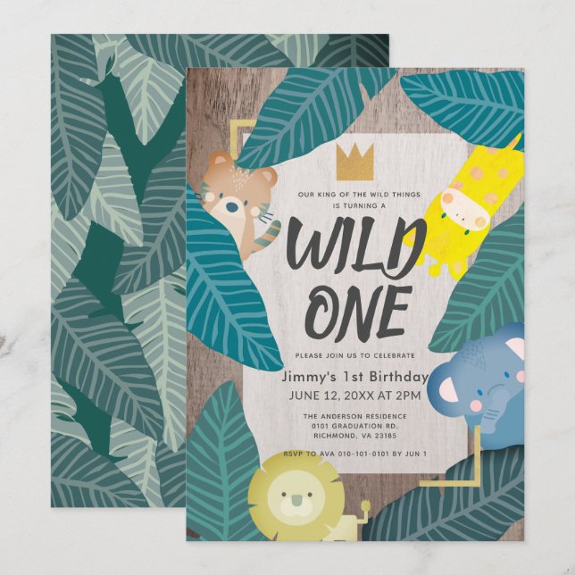 Invitation Wild One Safari Animaux Jungle Garçon 1er annivers (Devant / Derrière)