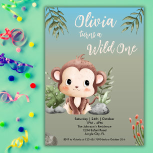 Invitation Wild One Safari Animaux mignons Singe 1er annivers