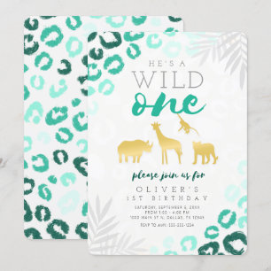 Invitation Wild One Safari Blue and Gold 1er anniversaire