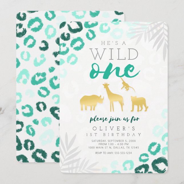 Invitation Wild One Safari Blue et Gold 1er anniversaire (Devant / Derrière)