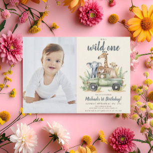 Invitation Wild One Safari Boy Photo 1er anniversaire