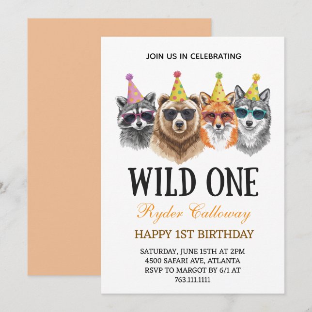 Invitation Wild One Safari First Birthday – Jungle Animal  (Devant / Derrière)