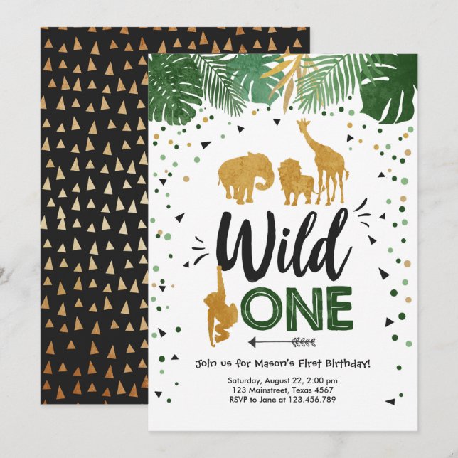 Invitation Wild One Safari Gold Boy Animaux fête d'anniversai (Devant / Derrière)