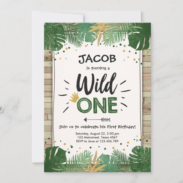 Invitation Wild One Safari Gold Boy Animaux fête d'anniversai (Devant)