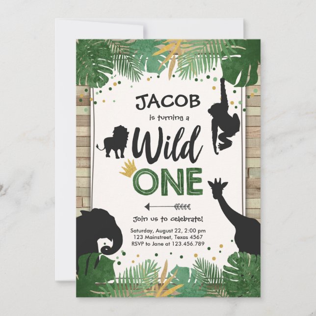 Invitation Wild One Safari Gold Boy Animaux fête d'anniversai (Devant)