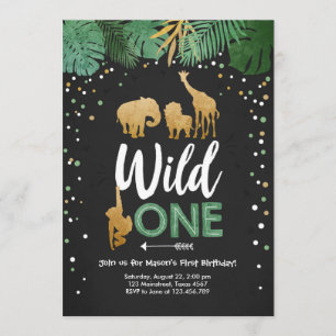 Invitation Wild One Safari Gold Boy Animaux fête d'anniversai
