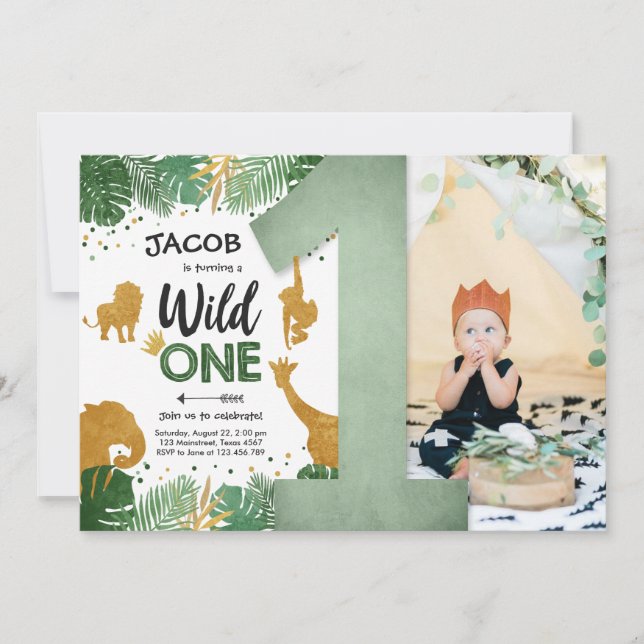Invitation Wild One Safari Gold Boy Animaux fête d'anniversai (Devant)