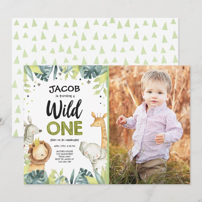 Invitation Wild One Safari Gold Boy Animaux verts Anniversair (Devant / Derrière)
