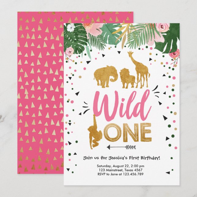 Invitation Wild One Safari Gold Girl Animaux roses Anniversai (Devant / Derrière)