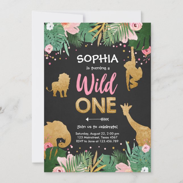 Invitation Wild One Safari Gold Girl Animaux roses Anniversai (Devant)