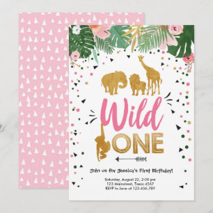 Invitation Wild One Safari Gold Girl Animaux roses Anniversai