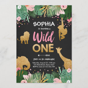 Invitation Wild One Safari Gold Girl Pink Animals Anniversair