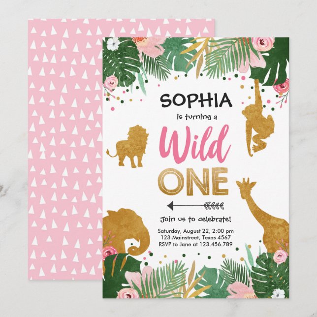 Invitation Wild One Safari Gold Girl Pink Animals Anniversair (Devant / Derrière)