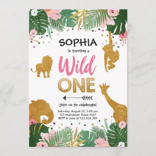 Invitation Wild One Safari Gold Girl Pink Animals Anniversair