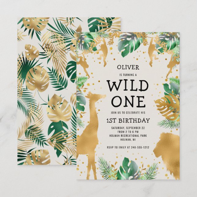 Invitation Wild One Safari Green Gold Ecru 1er anniversaire (Devant / Derrière)