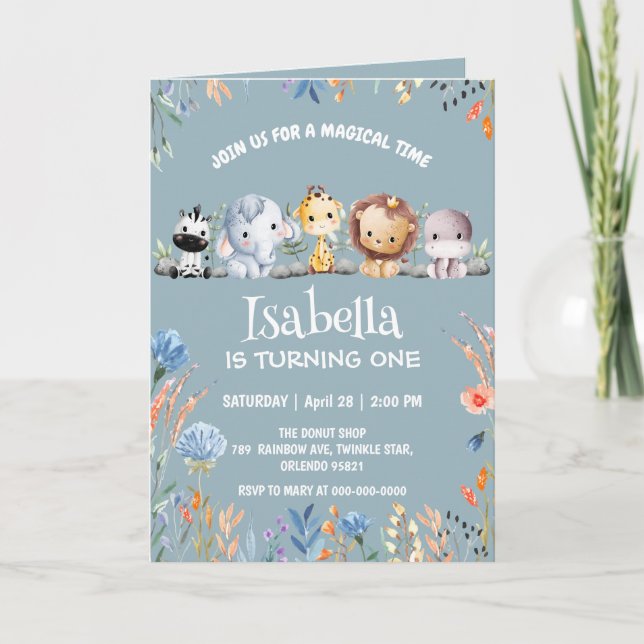 Invitation Wild one safari jungle animale Floral Anniversaire (Devant)