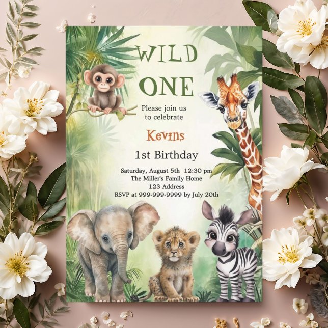 Invitation Wild one safari jungle animaux 1er anniversaire (Créateur téléchargé)