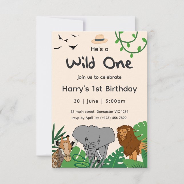 Invitation Wild One Safari Jungle Animaux 1er bébé Anniversai (Devant)