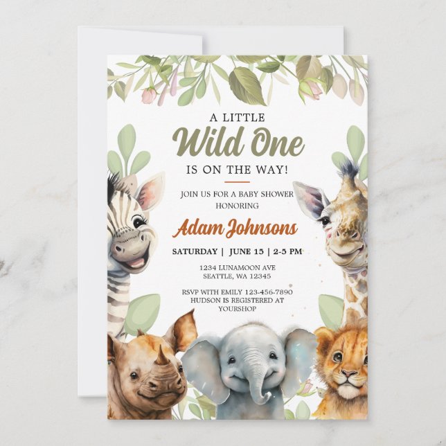 Invitation Wild One Safari Jungle Baby shower Floral (Devant)